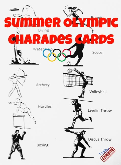 Toddler Approved!: Summer Olympic Charades. A great game to help you celebrate the Olympics! What is your favorite event? Summer Olympics Crafts, Summer Olympics Activities, Vbs Olympics, Olympic Activities, Olympic Games For Kids, Olympics Party, Olympic Idea, Kids Olympics, Olympic Crafts