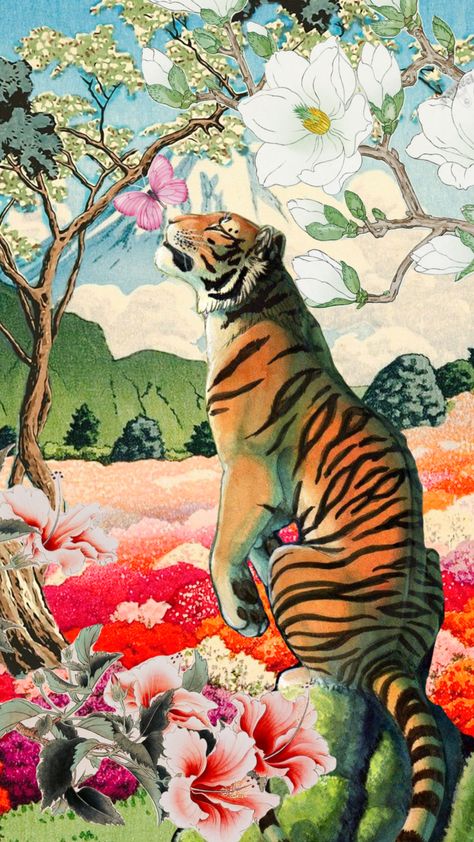 #tiger #flowers #japanese #asian #vintage #wallpaper #vibes Peaceful Tiger Tattoo, Tiger Wallpaper Iphone Aesthetic, Asian Wallpaper Aesthetic, Tiger Japanese Art, Tiger Lily Wallpaper, Tigre Wallpaper, Tiger Mural, Japanese Tiger Art, Tiger Tongue