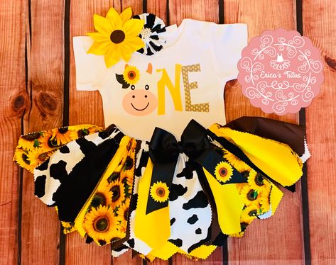 Cow and Sunflowers Themed Fabric Tutu Birthday Outfit with matching Headband. Sunflower Cow Birthday Party, Cow And Sunflower Birthday Theme, Cow Sunflower Party, Cow Print And Sunflowers Party, Sunflower And Cow Birthday Party, Cow And Sunflower Birthday, 1st Birthday Girl Cow Theme, 1st Birthday Themes Girl, Tutu Birthday Outfit