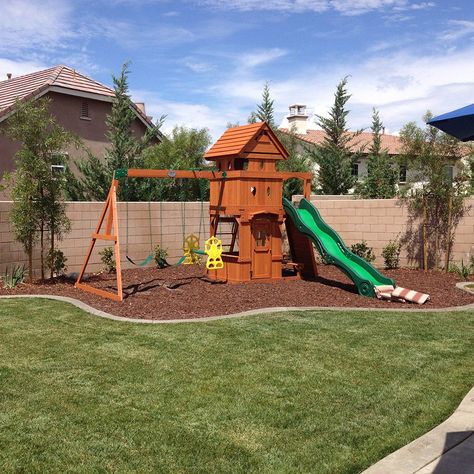 How to Landscape Under a Swing Set #HelpfulHowTos #McCabesLandscape #Swingset Playground Landscaping, Backyard Playset, Kids Backyard Playground, Play Area Backyard, Backyard Kids Play Area, Backyard Swings, Small Yards, Playground Set, Diy Playground