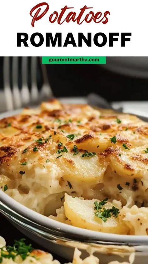 Make your meals unforgettable with Potatoes Romanoff! This classic, cheesy potato dish is made with fluffy shredded potatoes, sour cream, and sharp cheddar cheese, delivering a creamy, rich flavor that’s perfect for any occasion. Pin this recipe now and enjoy a creamy, cheesy twist on potatoes that everyone will love! #PotatoesRomanoff #CheesyPotatoes #ComfortFood #ClassicRecipes #SideDish #PotatoLovers #HolidayRecipes #DinnerInspiration Creamer Potatoes Recipes, Cream Potatoes Recipe, Potatoes Romanoff Recipe, Potatoes Romanoff, Creamy Potato Bake, Sour Cream Potatoes, Ic Recipes, Creamer Potatoes, Garlic Parmesan Potatoes