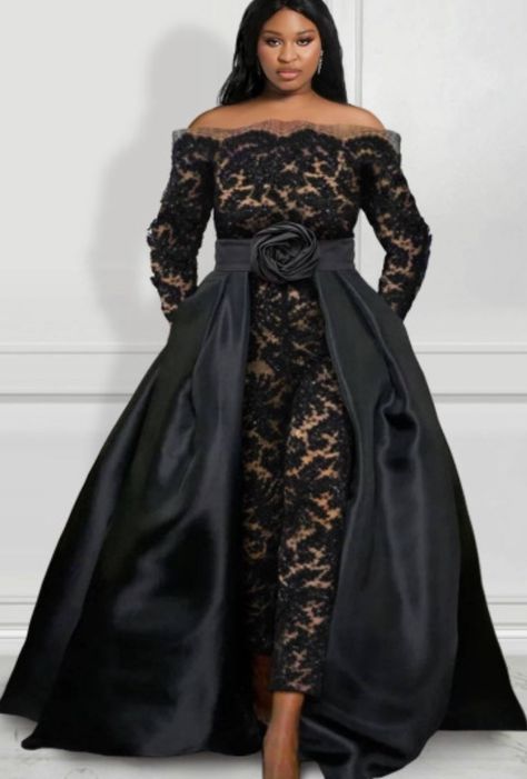 Black Tie Wedding Guest Dress Plus Size, Plus Size Evening Gown Special Occasions, Plus Size Black Tie Event Dresses, Black Plus Size Wedding Dress, Plus Size Formal Jumpsuit, Black Evening Dress Elegant, Jumpsuits Elegant, Formal Jumpsuits, Black Wedding Guest Dresses