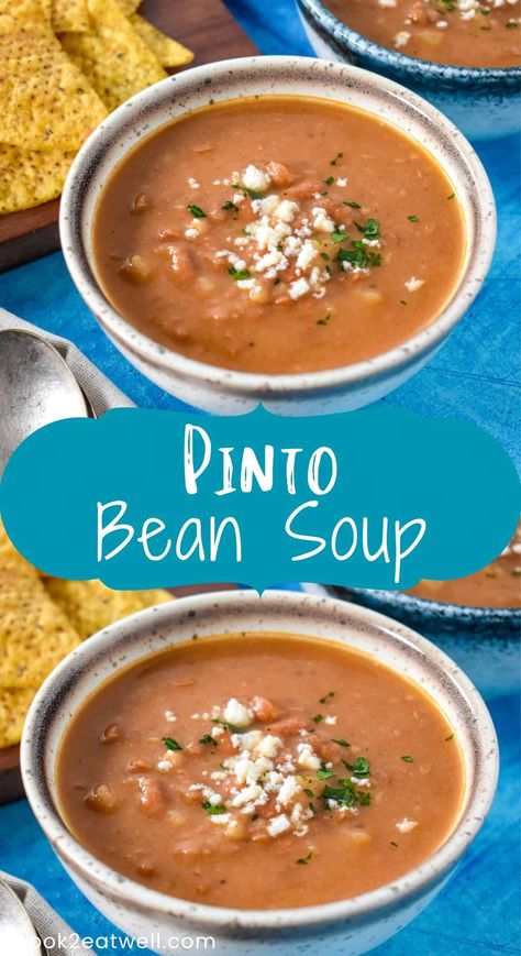 This pinto bean soup recipe is easy to make, wholesome, and so tasty. We use canned pinto beans to make this soup but add vegetables and spices to give it a homemade taste. Pinto Soup, Mexican Pinto Bean Soup 12 Tomatoes, Pinto Bean Soup Crockpot, Mexican Pinto Bean Soup, Leftover Pinto Bean Recipes, Bean Soup With Canned Beans, Pinto Beans Recipe, Sneaky Healthy Recipes, Pinto Bean Soup Recipes