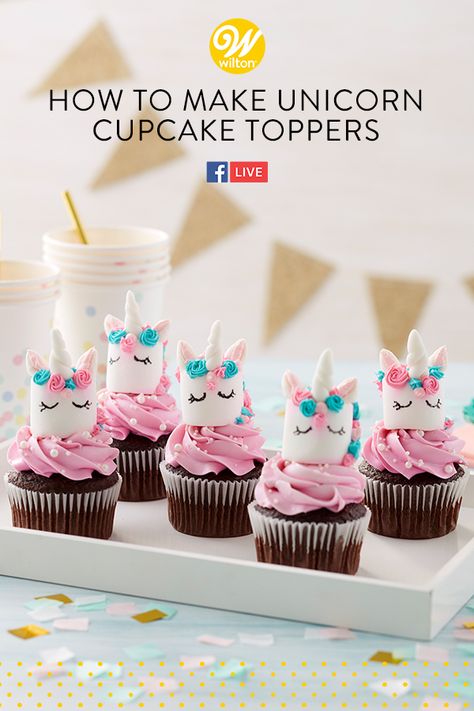 Watch this episode of Facebook Live and learn how to make the most adorable marshmallow unicorn cupcake toppers! This sweet and easy project will transform your simple cupcake into a magical dessert! Using a combination of Wilton's Decorator Preferred Fondant, FoodWriters, and buttercream frosting, these toppers will be ready in no time! #wiltoncakes #cupcakes #cupcakeideas #birthdaycupcakes #birthdaydessert #birthdayparty #buttercreamfrosting #unicorn #unicornparty #unicornideas #unicorndessert Marshmallow Unicorn, Unicorn Desserts, Savory Cakes, How To Make Marshmallows, Baking Hacks, Wilton Cake Decorating, Unicorn Cupcakes, Birthday Desserts, Wilton Cakes