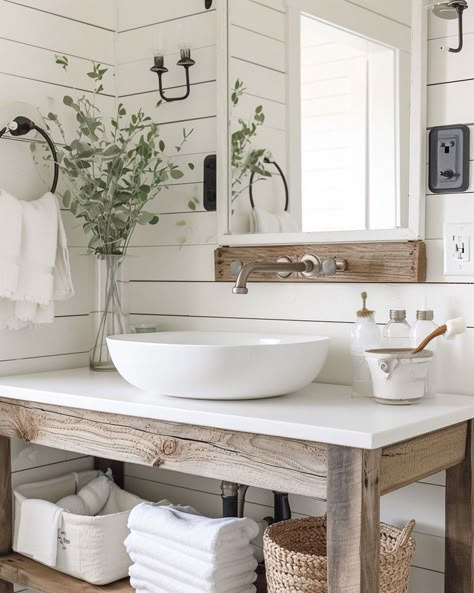 Modern farmhouse bathroom featuring a stylish soap dispenser that complements the decor Shiplap Bathroom Double Vanity, Modern Country Powder Room, Modern Farmhouse Powder Bathroom, Modern Cottage Interior Bathroom, Rustic Farmhouse Guest Bathroom, Modern Cottage Decorating Ideas, Master Bath Inspiration Farmhouse, Small Cottage Bathroom Ideas, Farmhouse Half Bathroom