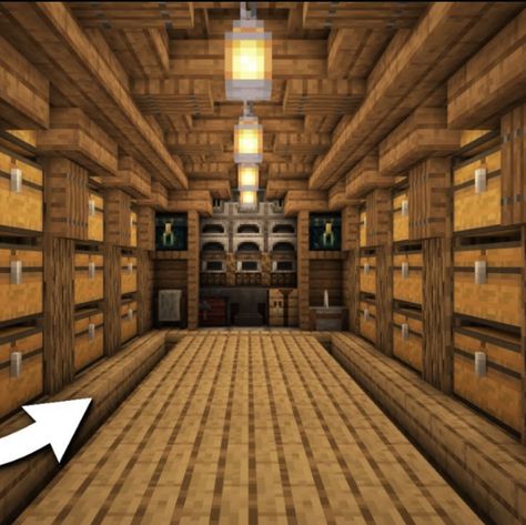 Cave Storage Room Minecraft, Cool Minecraft Basement Ideas, Storage Room In Minecraft, Storage Bunker Minecraft, Storage Unit Minecraft, Minecraft House Ideas Bedrock, Minecraft Storage Interior, Minecraft Wooden Wall Designs, Minecraft House Ideas Underground