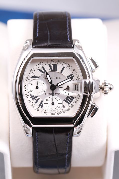 #elevenjames #Cartier CARTIER ROADSTER CHRONO  Find at Elevenjames.com Cartier Chronograph Watch For Business, Cartier Black Chronometer Watch Accessories, Classic Cartier Chronometer Watch, Elegant Cartier Chronograph Watch, Luxury Cartier Watch Chronometer, Horology Design, Cartier Roadster, Watch Lover, G Shock