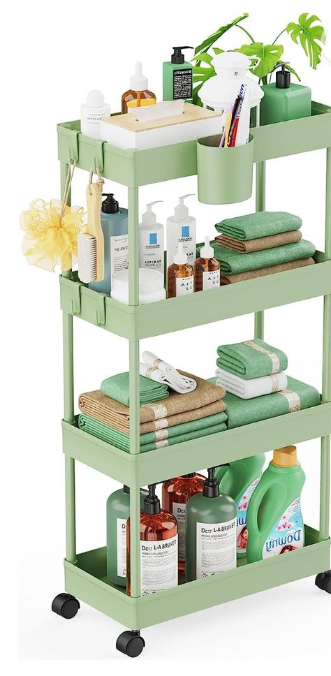 LEHOM Slim Rolling Storage Cart - 4 Tiers Bathroom Organizer Utility Cart Slide Out Storage Shelves Mobile Shelving Unit for Kitchen, Bedroom, Office, Laundry Room, Small Narrow Spaces, Green #Ad (Sold on Amazon) Slim Storage Cart, Bathroom Cart, Slim Storage, Rolling Utility Cart, Organization Cart, Mobile Shelving, Kitchen Storage Cart, Dorm Storage, Dorm Room Storage