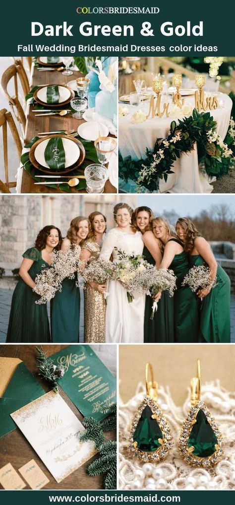 Dark Green And Gold Wedding, Green And Gold Wedding Invitations, Dark Green Bridesmaid Dresses, Dark Green Bridesmaid, Green And Gold Wedding, Green Gold Weddings, Dark Green Wedding, Fall Wedding Bridesmaids, Dark Green Bridesmaid Dress