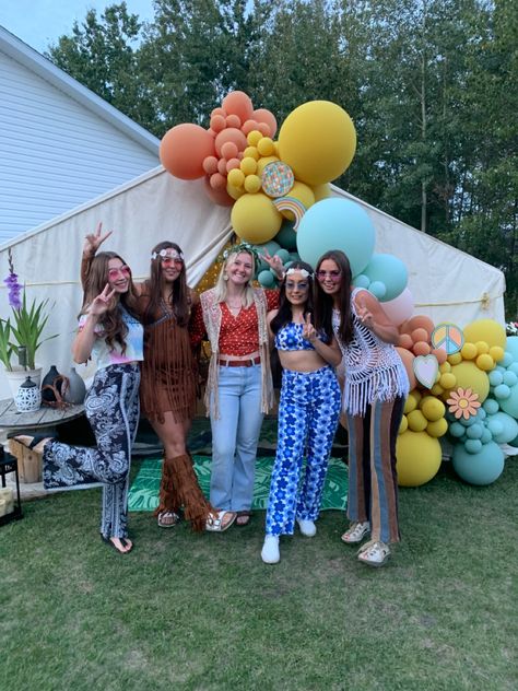 Two Groovy Outfit Ideas, 70s Birthday Aesthetic, Flower Power Bachelorette Party, Groovy Outfits Party, Groovy Party Outfits, 70s Groovy Party, Coachella Party Theme, Flower Power Party, 60s Theme