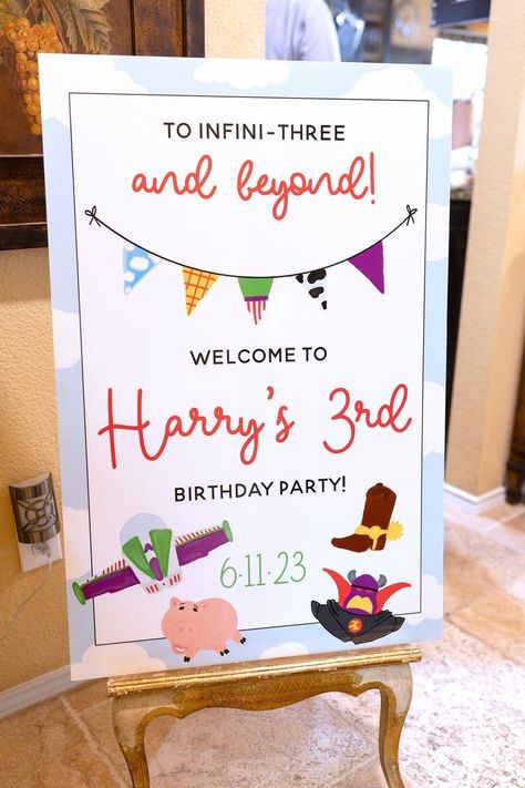 3 Toy Story Birthday, Third Toy Story Birthday, Buzz Lightyear Birthday Party 3, You’ve Got A Friend In Three Birthday, Buzz Light Year 3rd Birthday, 3rd Toy Story Birthday, Buzz Lightyear Third Birthday Party, Three Toy Story Birthday, 3 Year Birthday Toy Story