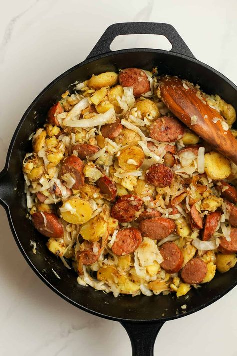 Kielbasa and Sauerkraut - SueBee Homemaker Sausage Cabbage And Potatoes, Cabbage Sausage Potato, St Patricks Day Dinner, Kielbasa And Sauerkraut, One Pan Sausage, Sausage And Potatoes Skillet, Sausage Cabbage, Kielbasa And Potatoes, Kielbasa And Cabbage