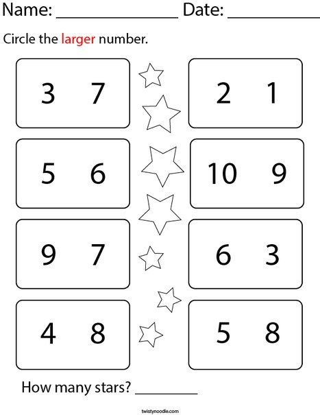 Circle the Larger Number Math Worksheet - Twisty Noodle Circle The Smaller Number Worksheet, Smaller Number Worksheet, Circle The Bigger Number Worksheet, Vowels Kindergarten, Preschool Counting Worksheets, Maths Worksheet, Number Worksheet, Worksheets For Class 1, Maths Paper