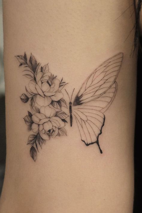 Angle Butterfly Tattoo, Wings With Flowers Tattoo, Floral Wings Tattoo, Flower Wings Tattoo, Half Butterfly Half Angel Wing Tattoo, Butterfly Floral Tattoo, Butterfly Tattoo With Flowers, Floral Butterfly Tattoo, Sarah Tattoo