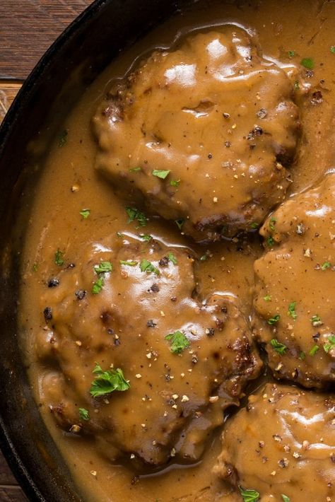 Easy Hamburger Steak With Brown Gravy Recipe 1 Hamburger Steak With Country Gravy, Easy Hamburger Gravy Recipes, Hamburger Steaks With Brown Gravy Crockpot, Brown Gravy And Rice, Hamburger With Brown Gravy, Deer Hamburger Steak, Brown Gravy Dinner Ideas, Hamburger Steaks In Crockpot, Best Hamburger Steak And Gravy