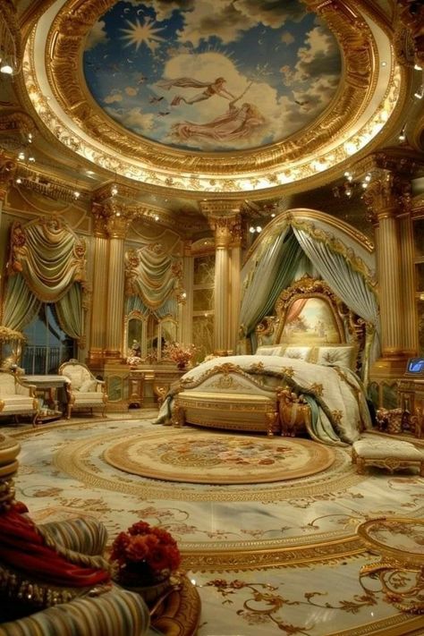 Royal Chambers Bedrooms, Royal Room Bedrooms, Fantasy Royal Bedroom, Royal Bedroom Aesthetic, Kingdom Bedroom, Heaven Bedroom, Royal Luxury Bedroom Design, Regal Bedroom, Royal Bedrooms