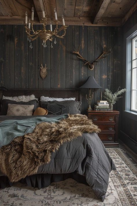 29 Rustic Boho Witchy Bedroom Ideas to Transform Your Space 10 Dark Wood Wall Bedroom, Viking Inspired Living Room, Moody Dark Bedroom Ideas, Dark Wood Interior Design Bedroom, Dark Moody Rustic Bedroom, Viking Bedroom Decor, Viking Style Home Decor, Forest Cabin Bedroom, Moody Cabin Bedroom