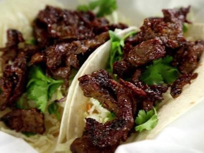 Korean Bulgogi Taco Recipe Recipe | Food Network Bulgogi Tacos, Dove Recipes, Korean Bulgogi, Taco Recipe, Korean Dishes, Bulgogi, Think Food, Taco Recipes, Asian Dishes