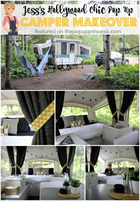 This gorgeous pop up camper makeover hss a vintage Hollywood vibe. It's all glamped up without being overly girly. I love it! And it was all done for under $500! ❤ Tent Trailer Remodel, Pop Up Princess, Popup Camper Remodel, Pop Up Tent Trailer, Pop Up Trailer, Diy Camper Remodel, Caravan Interior, Camping Camper, Tent Trailer