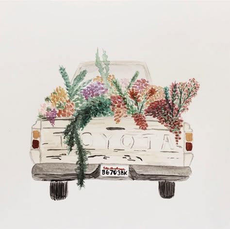 Watercolor Illustration Aesthetic, Truck With Flowers Drawing, Flower Truck Painting, Truck With Flowers Painting, Flower Truck Drawing, Old Truck Tattoo, Country Canvas Painting, Watercolour Aesthetic, Watercolor Truck