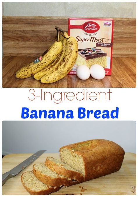 3 Ingredient Banana Bread Banana Bread 3 Ingredient, 3 Ingredient Banana Bread, Banana Bread Easy Moist, 3 Ingredient Banana Bread Recipe, Punch Bowl Cake Recipe, Quick Banana Bread, Cake Mix Banana Bread, Delicious Banana Bread, Boxed Cake Mixes Recipes