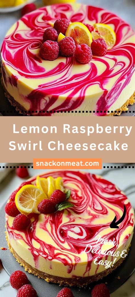 Lemon Raspberry Swirl Cheesecake - Snack On Meat Raspberry Whip, Lemon Raspberry Cheesecake, Raspberry Whipped Cream, Raspberry Lemon Cakes, Raspberry Puree, Raspberry Swirl Cheesecake, Delicious Cheesecake Recipes, Swirl Cheesecake, Cheesecake Lovers