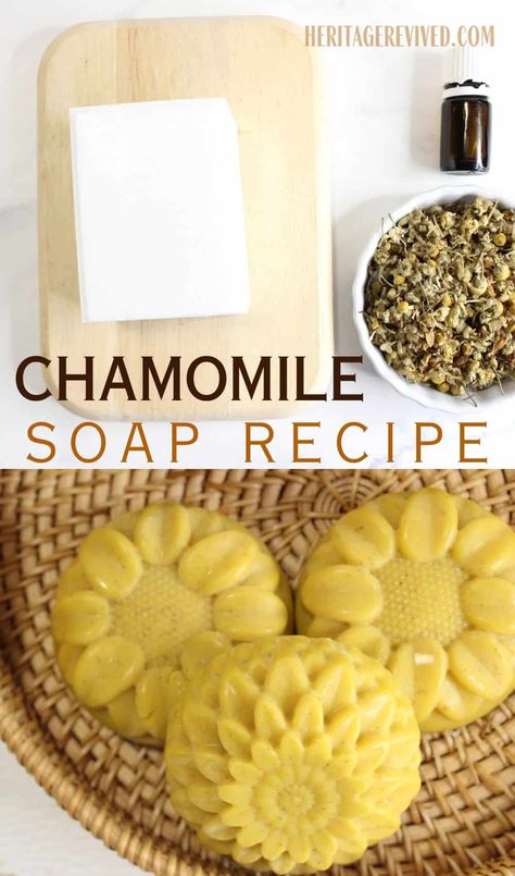 Easy Chamomile Soap Recipe (with melt & pour base) - Heritage revived Soap Making For Beginners, Chamomile Soap, How To Make Soap, Spa Soap, Make Soap, Soap Recipe, Homemade Soap Recipes, Diy Cosmetics, Chamomile Tea