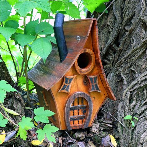 Rustic Bird House, Fairy/Hobbit Whimsical Style, Reclaimed Wood, Engraved Details, Smoke Stack, Hangers, Curved Roof, Clean-out Door by RedTwigDesignsMN on Etsy Handmade Garden Art, Barn Birdhouses, Large Bird Houses, Bird Houses Ideas Diy, Birdhouses Rustic, Bird House Feeder, Rustic Birdhouse, Wooden Bird Houses, Bird House Plans