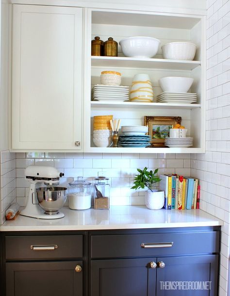 One of the things I was most excited about in choosing a simple neutral color scheme for my kitchen (with charcoal base cabinets and white uppers) is that I c Dark Bottom Cabinets, Half Open Kitchen, Backsplash Blue, Kitchen Cabinets Open, Open Kitchen Cabinets, Shelving Kitchen, Cabinets And Shelves, Blue Kitchen Decor, Painted Kitchen Cabinets Colors