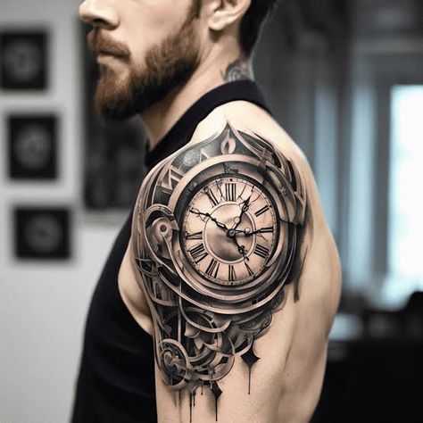 Clock Meaning, Old Clock Tattoo, Symbolism Tattoo, Time Clock Tattoo, Tattoo Clock, Tattoo Bicep, Tattoo Symbolism, Tattoo Mens, Clock Tattoos