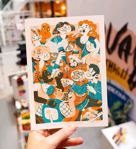 🧡 Family & Friends 💙 I just love tables filled with drinks, food and friendly people. Made this one originally in red & green, now reprinted in a new colourway :) A5 riso print on warm white paper, made at @dekijm #illustration #risoprint #riso #risograph #peopleofprint #get_imprinted #dinnertable #popmember #family #friends #love #food #drawing #theydrawandcook #overlay #printmaking Risograph Texture, Riso Print, Risograph Print, Friends Love, Dinner With Friends, Teal Orange, Food Drawing, Light Teal, Lino Print