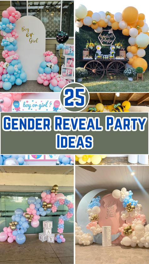 A festive gender reveal party setup with blue and pink decorations, a tiered cake with “Boy or Girl?” written on top, and colorful balloons. Gender Reveal Diy Decor, Gender Reveal Themes Christmas, Gender Reveal Winter Wonderland, Baby Reveal Photoshoot Ideas, Small Gender Reveal Party Ideas, Fancy Gender Reveal Party, Gender Reveal Party Ideas Theme, Gingerbread House Gender Reveal, Quick Gender Reveal Ideas