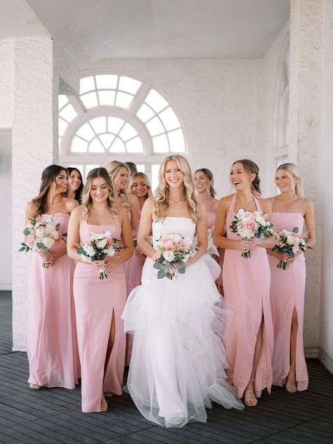 Bridesmaids Light Pink Dresses, Pink Accents Wedding, Wedding With Pink Color Schemes, Bridesmaid Light Pink Dresses, Light Pink Wedding Theme Color Schemes, Light Pink Bridal Party, Unique Bridesmaid Dresses Classy, Bridesmaid Dresses Ideas Unique, Pink Wedding Bridesmaid Dress