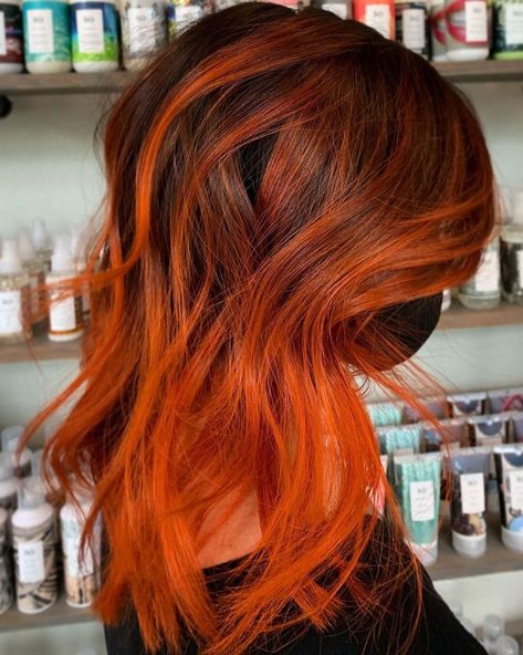 Orange Hair Balayage, Orange Bayalage Hair, Orange Hair Ombre, Brown To Orange Ombre, Orange Balayage Hair, Orange Fall Hair, Orange Highlights In Brown Hair, Brown And Orange Hair, Orange And Brown Hair