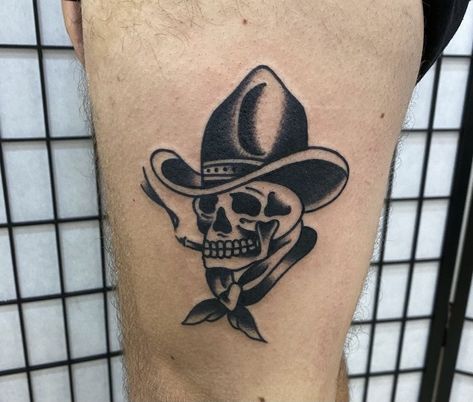 Skull Cowboy Tattoo, Western Sleeve, Cowboy Tattoo, Skull Cowboy, Trad Tattoos, Cowboy Tattoos, Traditional Tattoo Inspiration, Small Chest Tattoos, Halloween Flash