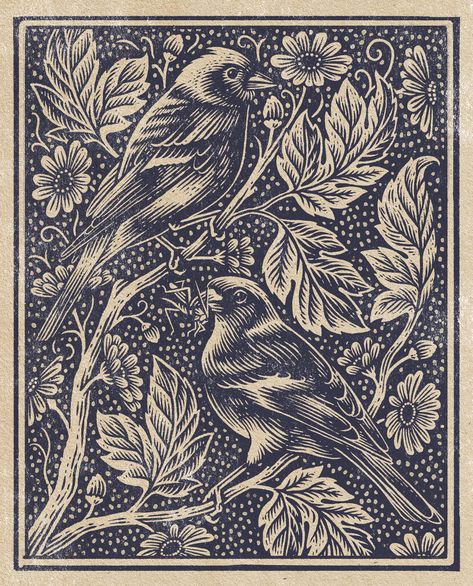 Stamp Illustration, Botanical Flowers Print, Woodcut Art, Chaffinch, Linocut Printmaking, Lino Art, Flower Graphic Design, Bug Art, Linocut Art