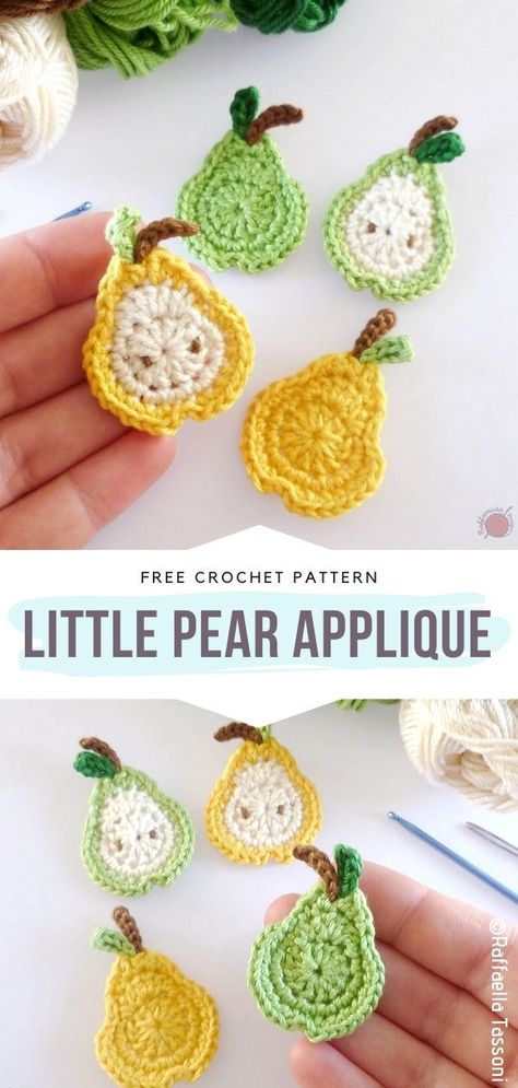 Little Pear Applique Free Crochet Pattern What a precious little applique! It looks as sweet as the pears taste. If you're trying to add spring vibes and fresh charm to your projects, try decorating them with these tiny ornaments. #crochetfruit #crochetpear #crochetapplique #freecrochetpattern Crochet Pear Fruit Pattern Free, Crochet Mini Fruit Free Pattern, Crochet Shapes, Crochet Appliqué, Crochet Sloth, Crochet Applique Patterns Free, Crochet Appliques, Fruit And Veggies, Micro Crochet