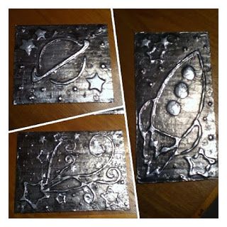 Space Art Projects, Tin Foil Art, Rocket Art, Outer Space Art, Aluminum Foil Art, 4th Grade Art, Scratch Art, Planets Art, Spaceship Art