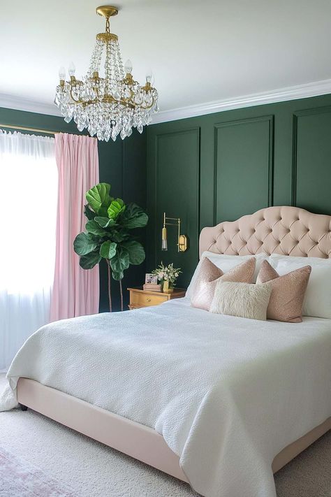 57 Forest Bedroom Ideas That Feel Like a Woodland Getaway Pink And Forest Green Bedroom, Dark Green And Pink Bedroom, Forest Green Bedroom, Bedroom Inspirations Dark, Bedroom Inspirations Pink, Forest Bedroom Ideas, Forest Green Bedrooms, Dark Green And Pink, Camping Setup