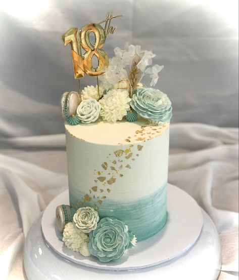 Teal Color Cake Ideas, 18th Birthday Cake Turquoise, 18th Birthday Cake Green And Gold, 18th Birthday Party Ideas Sage Green, Light Green Cake Ideas, Green 18th Birthday Cake, Mint Green Cake Birthday Simple, Mint Green Cake Design, Birthday Cake Green And Gold