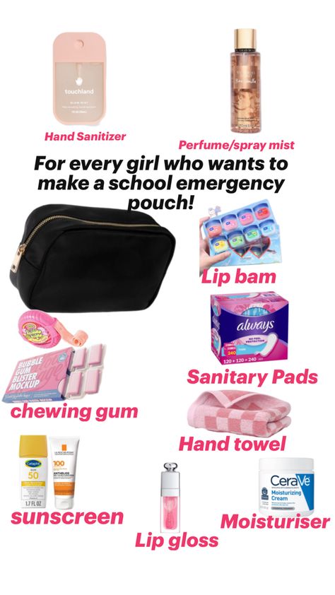 #School Pouch Pouch Essentials, Emergency Pouch, School Pouch, Essential Pouch, Makeup School, School Makeup, Sanitary Pads, Sunscreen Moisturizer, No Makeup