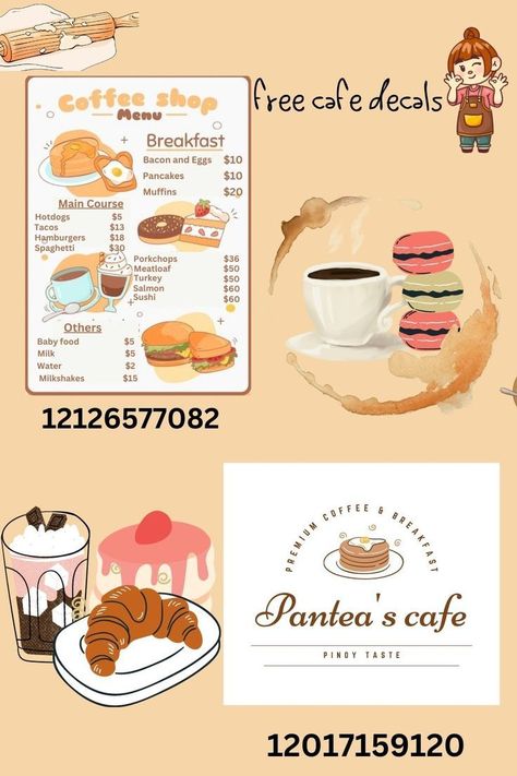 Cafe Decal, Bloxburg Cafe, Bloxburg Food Decals, Coffee Decal, Bloxburg Decals Codes Aesthetic, School Decal, Coffee Shop Menu, Bloxburg Decals Codes Wallpaper, Roblox Image Ids