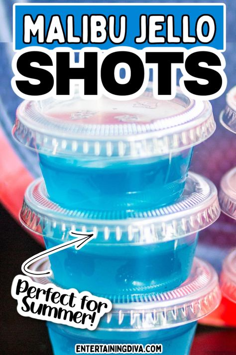 Berry Blue Malibu Jello Shots Recipe | Blue Jello Shots Coconut Rum Jello Shots, Blue Jello Shots Recipe, Malibu Jello Shots, Blue Hawaiian Jello Shots, Rum Jello Shots, Easy Jello Shots, Blue Jello Shots, Making Jello Shots, Best Jello Shots