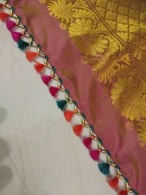 Kuchulu For Pattu Sarees, Saree Kuchu New Designs, Netted Blouse Designs, Saree Tassels Designs, Saree Kuchu Designs, Maggam Work Designs, Saree Tassels, Black Beads Mangalsutra Design, Lehenga Blouse Designs