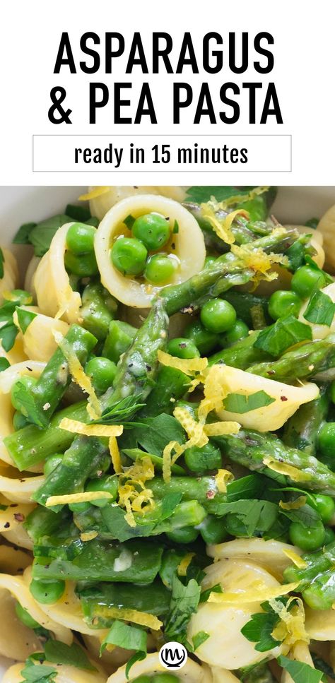 Close-up of a plate full of asparagus and pea pasta. Peas Asparagus Pasta, Asparagus Pasta Recipes Healthy, Asparagus Meal Recipes, Garlic Cream Bucatini With Peas And Asparagus, Lentil Asparagus Recipes, Pasta Primavera With Asparagus And Peas, Noodles And Asparagus, Light Italian Pasta Dishes, Peas And Asparagus Casserole