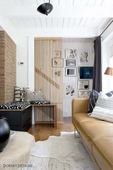 10 Easy DIY Wood Slat Wall Ideas to Try - Joyful Derivatives Leather Sofa Living Room, Wood Slat Wall, Divider Wall, Challenge Week, Room Challenge, Built In Bench, Slat Wall, Living Room Leather, Wood Slats