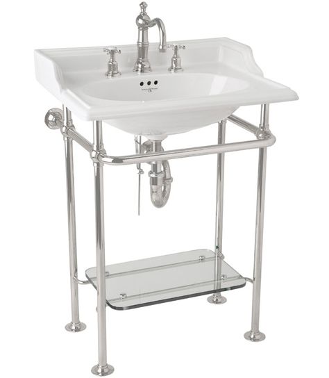 The polished-nickel stand of Perrin & Rowe's Victorian basin includes a built-in shelf, so extra linens are always within arm's reach. Bathroom Console, Small Bathroom Sinks, Washbasin Design, Console Sink, Bathroom Fittings, Creative Bathroom, Victorian Bathroom, Wash Stand, Glass Sink