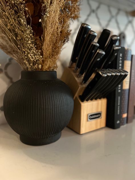 Fall Decor styled on kitchen counter. Vase snd preserved stems from @target Black And Rust Home Decor, Black Brown Home Decor, Black And Tan House Decor, Black Boho Kitchen Decor, Tan And Black Decor, Black Accent Kitchen Decor, Black And Tan Kitchen Decor, Beige And Black Kitchen Decor, Kitchen Decor Black And Wood