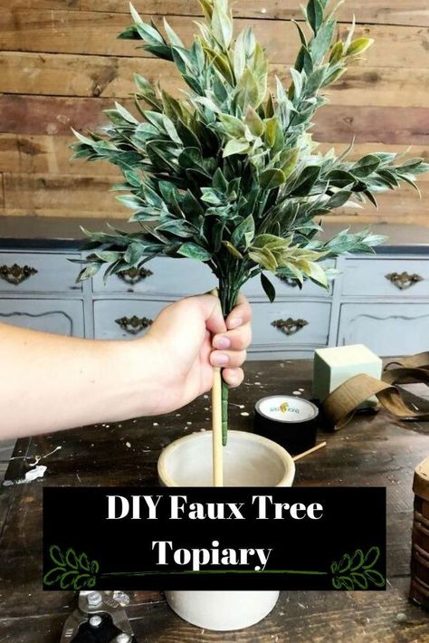 Diy Faux Plant Decor, Diy Faux Tree, Easy Throw Pillows, Faux Topiary, Old Crock, Water Blob, Geometric Tray, Topiary Diy, Faux Trees