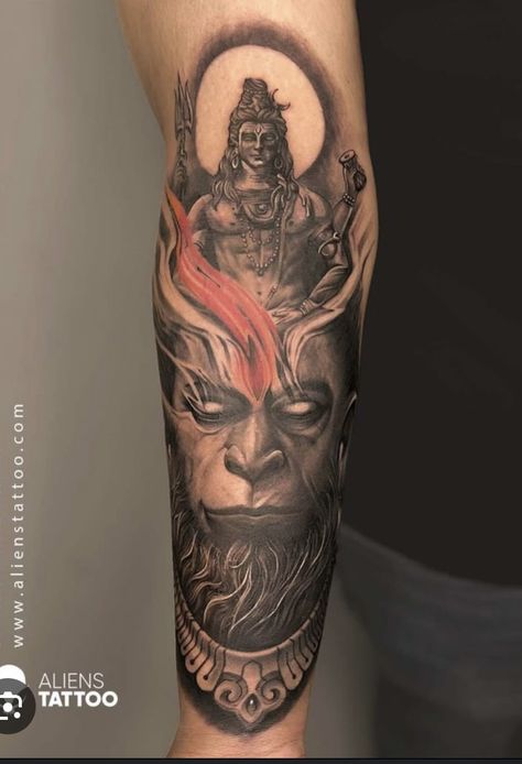 Shiv Hanuman Tattoo, Shiva And Hanuman Tattoo, Lord Shiva Hand Tattoo, Hanuman And Shiva Together Tattoo, Hanuman Shiva Tattoo, Hanuman Tattoo Design Art, Bhagwan Tattoo, Hanumanji Tattoo Design, Hanuman Tattoo Designs For Men